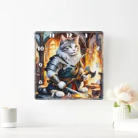 Warrior Cat in Armor by Flickering Flame Square Wall Clock