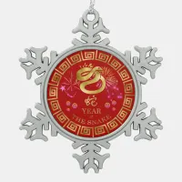 Chinese Zodiac Snake Red/Gold ID542 Snowflake Pewter Christmas Ornament