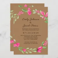 Pink Floral Greenery Light Brown Elegant Wedding Announcement