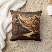 Jesus Amidst Mountains and River Landscape Throw Pillow