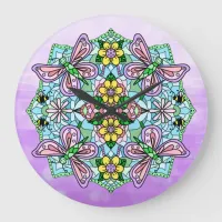 Purple, Pink Butterflies and Flowers Mandala  Large Clock