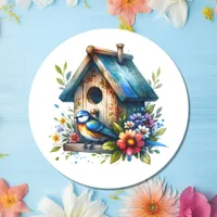  Watercolor Illustration  of Birdhouse and Bird  Classic Round Sticker