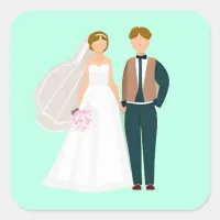 Mr and Mrs Bride and Groom Teal Square Sticker