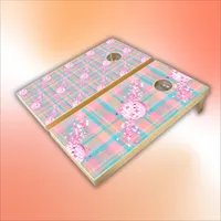 Blue, Pink & Peach Pattern with Glitter & Hearts | Cornhole Set