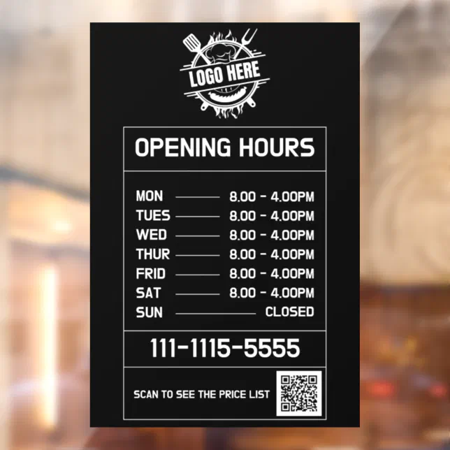 White Business Opening Hours Logo And QR Code Window Cling