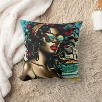 Retro Woman on Beach Comic Style Pop Art Throw Pillow