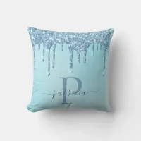 Glam Blue Glitter Drips Elegant Monogram  Throw Pi Throw Pillow