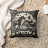 Horse Silhouette Near Barn With Sun Rays and Name Throw Pillow