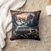 Vintage Car Near Mountain Castle at Sunset Throw Pillow