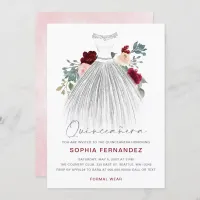 Burgundy Silver glitter Floral Dress Quincea&#241;era Invitation