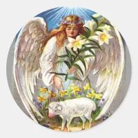 Vintage Easter Angel and Lamb Classic Round Sticker