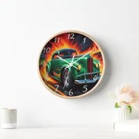 Classic hot rod speeding through fiery landscape clock