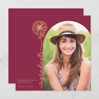 Burgundy Gold Handwritten Floral Photo Graduation Invitation