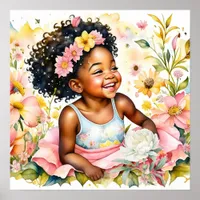 Little Girl in Pink Flowers Watercolor Art Poster