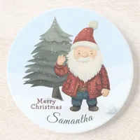 Christmas Tree and Festive Gnome With Custom Name Coaster