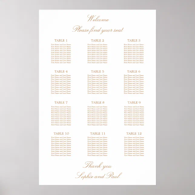 White Golden Beige 12 Table Wedding Seating Chart