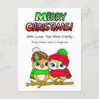 Festive Owl Couple cuddling on Branch Christmas Holiday Postcard