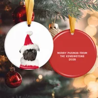 Cute Christmas Black Pug Santa Hat Ceramic Ornament