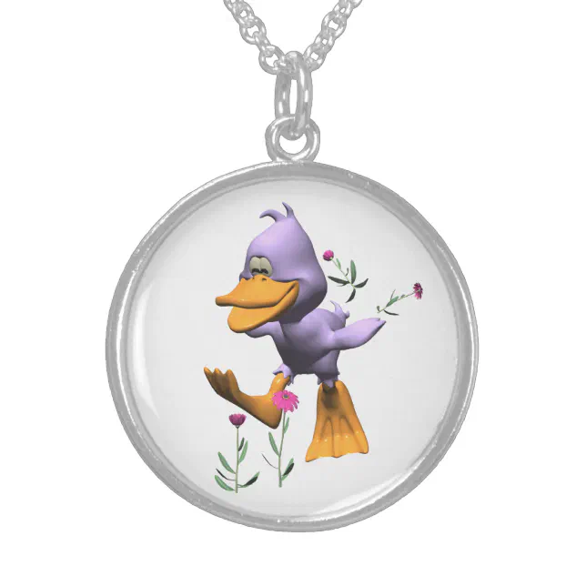 Cute Happy Cartoon Duck Running Through Flowers Sterling Silver Necklace