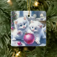 Adorable White Kittens Pink Christmas Personalized Ceramic Ornament