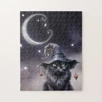 Black Halloween Cat Wearing a Witch Hat Jigsaw Puzzle