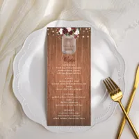 Rustic Wood Mason Jar Burgundy Floral Wedding Menu