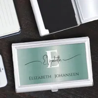 Elegant Blue Bushed Metal Monogram and Script Name Business Card Case