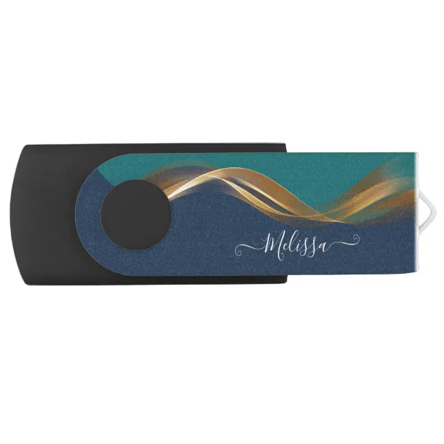 Elegant Gold Wave Blue Teal with Name Flash Drive