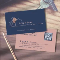 Modern House Logo Navy Blue Rose Gold Realtor Business Card