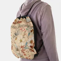 Peach Cream Cottagecore Watercolor Floral  Drawstring Bag