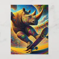 Skateboarding Surreal Adorable Rhino Postcard