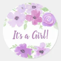 It's a Girl, Watercolor Purple Floral Baby Shower Classic Round Sticker