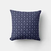 Nautical Navy Blue White Ship Anchor Patterned Throw Pillow