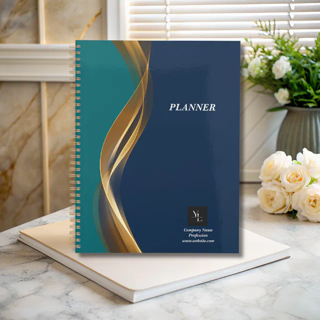 Elegant Gold Wave Blue Teal with Business Logo Planner