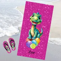 Cute little dinosaur with lots of colorful balloon beach towel