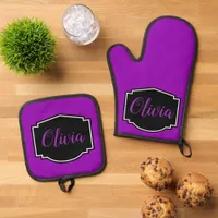 Vibrant, Bold Fuchsia Purple Personalized Oven Mitt & Pot Holder Set