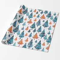 Blue and Orange Watercolor Christmas Trees Wrapping Paper