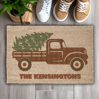 Rustic Buffalo Plaid Christmas Truck Holiday Doormat