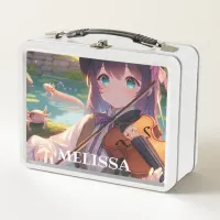 Anime Girl Playing the Violin and Axolotls Metal Lunch Box