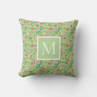 Colorful Boho Garden Flowers Lime Green Monogram Throw Pillow