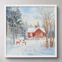 Christmas Watercolor Snowy Winter Red Cottage Deer Peel And Stick Photo Tile