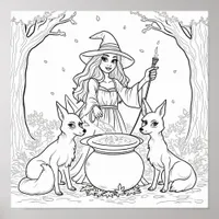 Halloween witch and foxes coloring page poster