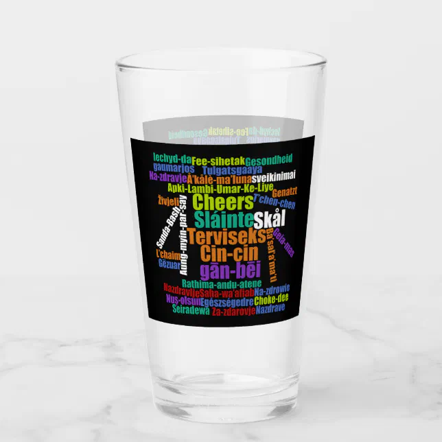 Colorful Word Art Cheers in Many Languages Glass