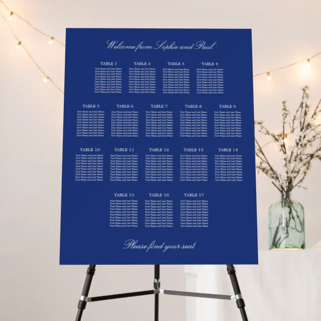 Dark Blue 17 Table Wedding Seating Chart Foam Board