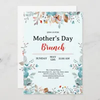 Elegant Blue Wildflowers Mint Mother's Day Brunch Invitation