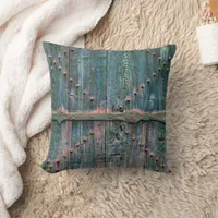 Rustic wooden gate and iron in blue throw pillow