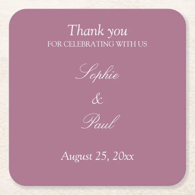 Elegant Mauve Wedding Thank You Square Paper Coaster