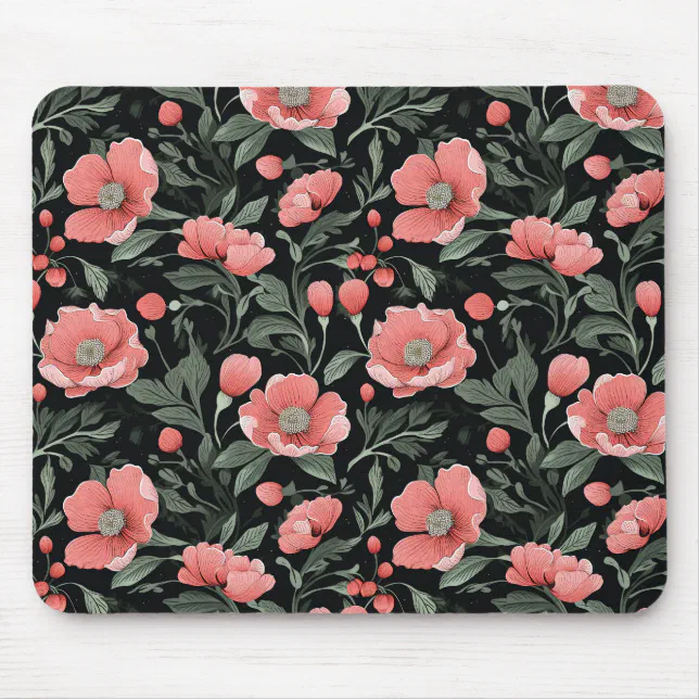 Floral Pattern Green Oak Leaves and Pink Flowers  Mouse Pad