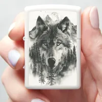 Wolf appears in dawn's misty mountains zippo lighter