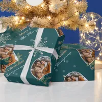 Modern Winter Snowflakes Photo Teal Christmas Wrapping Paper